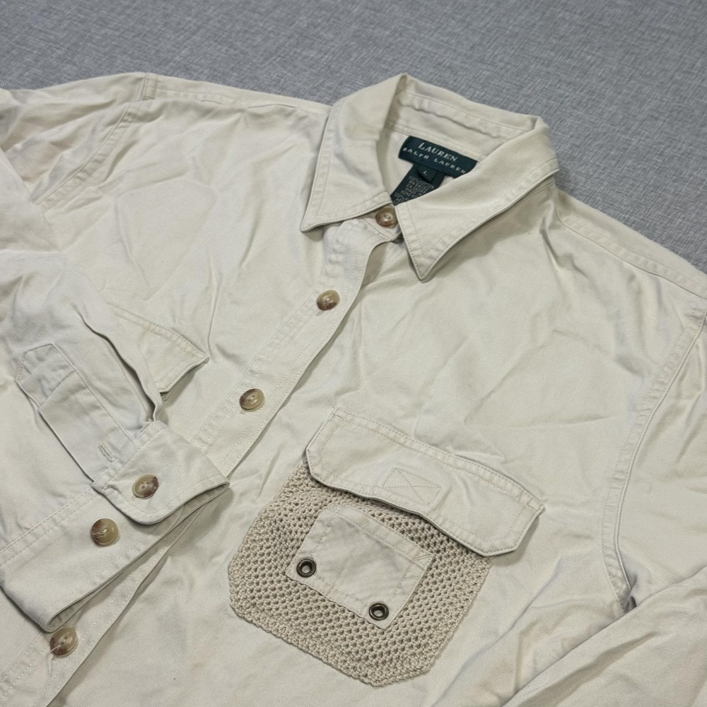 Lauren Ralph Lauren Sarfari Utility Button-Up Shirt Womens L Beige Long Sleeve